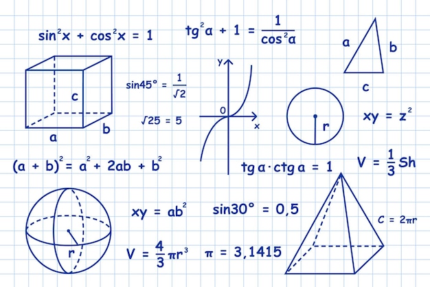 hand drawn math, geometry, trigonometry symbols. math symbols on notebook page background.