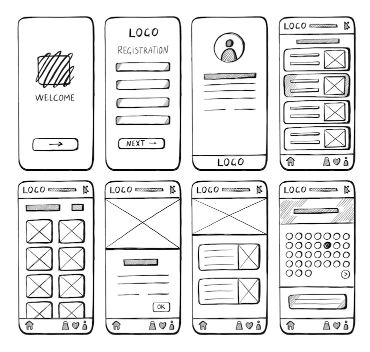 Vector hand drawn mobile website layout sketch pencil doodle ui elements for web site simple wireframe page templates with buttons and arrows vector graphic