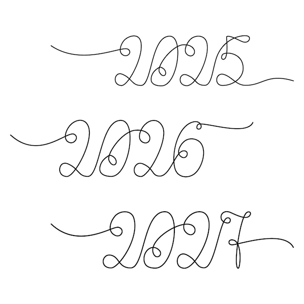 hand drawn new year date with one continuous line set of design elements isolated