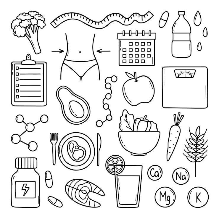 Vector hand drawn nutrition and detox diet food doodle weight loss healthy food and nutrients in sketch style