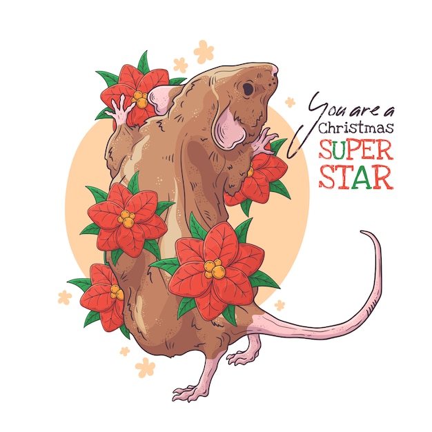 hand drawn portrait of rat with christmas flowers vector.