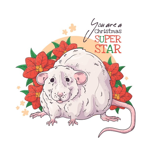 hand drawn portrait of rat with christmas flowers vector.