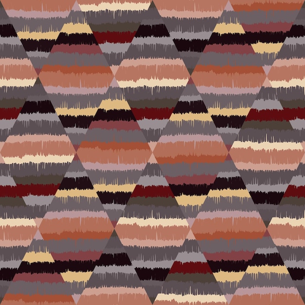 Hand drawn rhombus mosaic seamless pattern Abstract ikat wallpaper Vintage boho background Freehand stripes backdrop