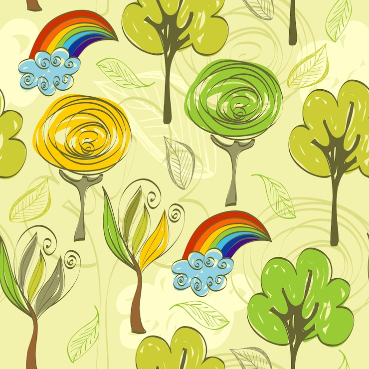 Vector hand drawn seamless pattern with trees and rainbow