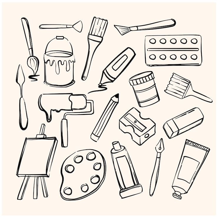 Vector hand drawn set of artist tools doodle art supplies in sketch style easel brushes paint pencils