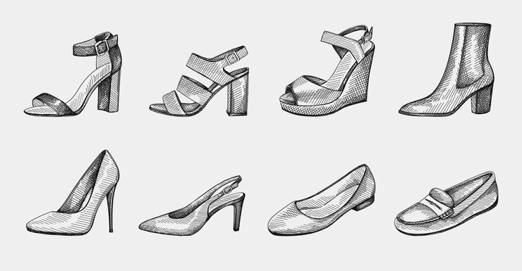 Vector hand-drawn set of women shoes. block heels, ankle booties on medium heel, ballerina flats, pumps, stiletto, open toe sandals, slingback medium heel, wedge sandals, loafers, slippers, moccasins.