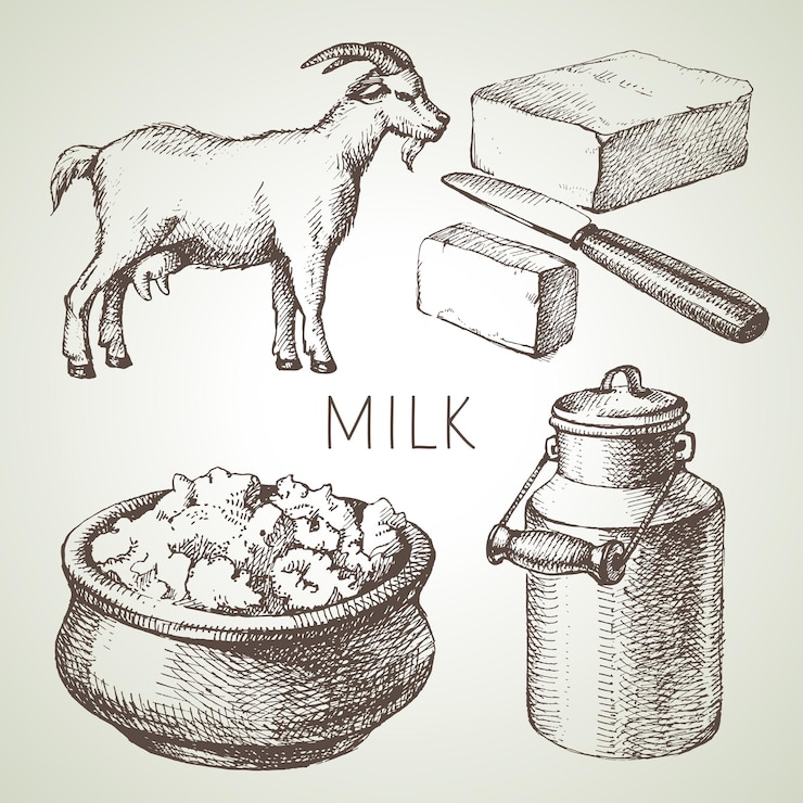 Vector hand drawn sketch milk products set vector black and white vector vintage illustration