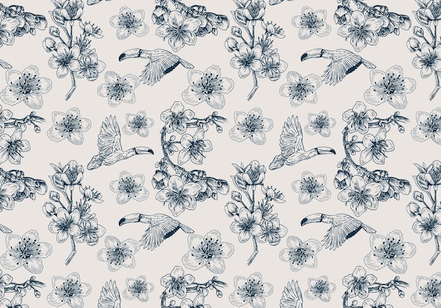 Hand drawn Toucan and Sakura flower seamless pattern
