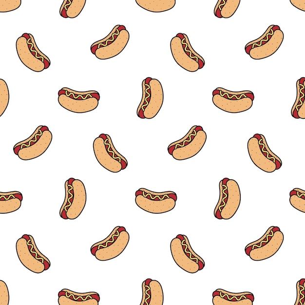 hand drawn vector illustration of hot dog pattern in cartoon style