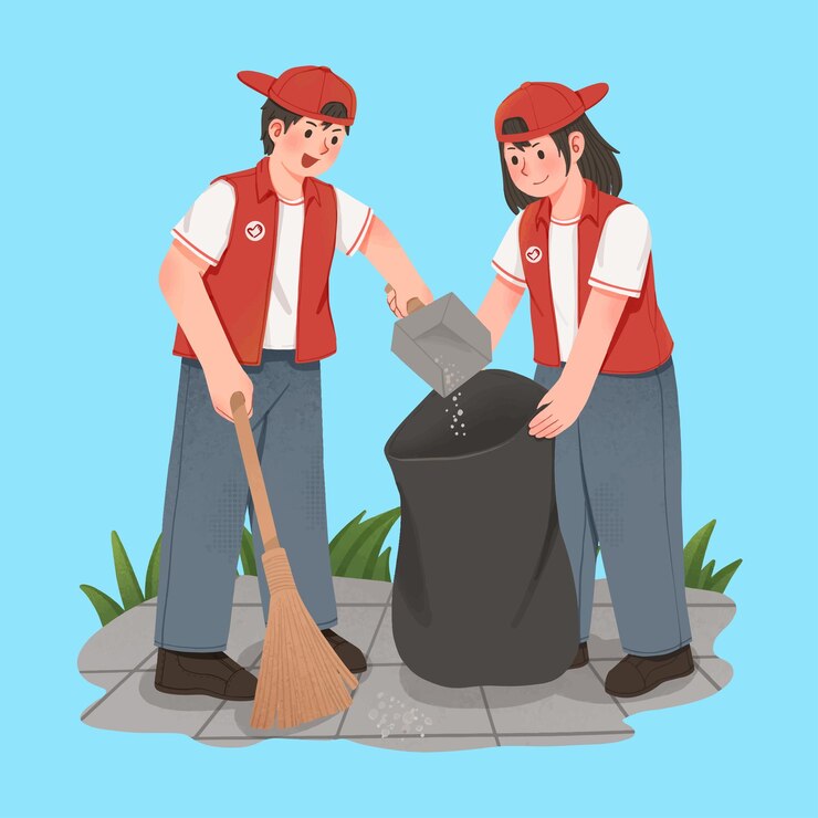 Vector hand drawn volunteers sweeping up trash