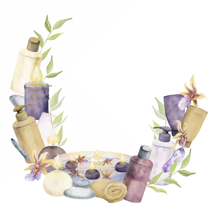 Vector hand drawn watercolor spa skincare bath beauty products package with flowers and leaves frame border isolated on white background design for wellness resort print fabric cover card booklet