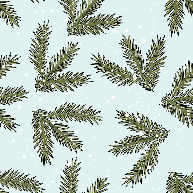 Hand drawn winter Christmas pattern green pine leaves and snowflakes on a light blue background