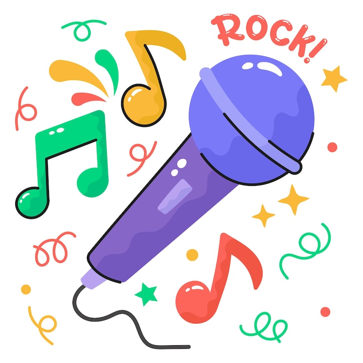 Vector hand drawn wired microphone sticker or singing mic in modern style
