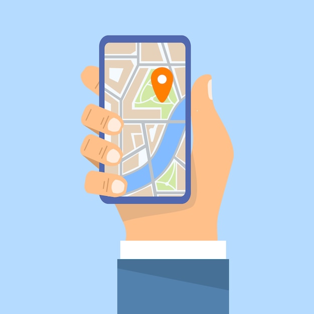 hand hold phone with map and marker.mobile gps application navigation.