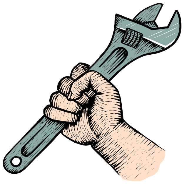 Hand holding adjustable wrench color vector illustration