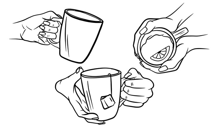 Hand holding cup of tea hand drawing illustration in black and white