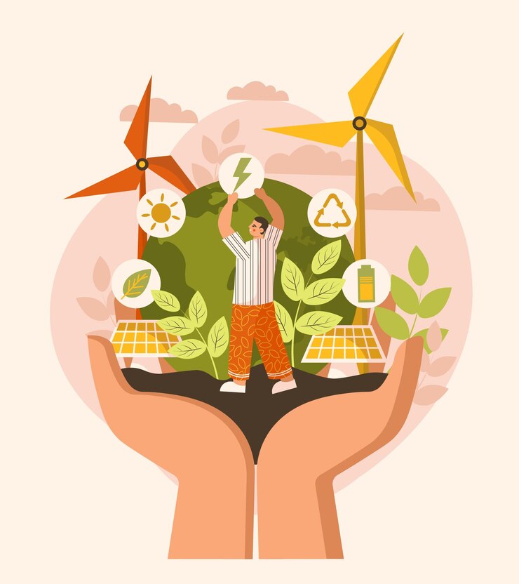 Vector hand holding green planet with solar panels windmills
