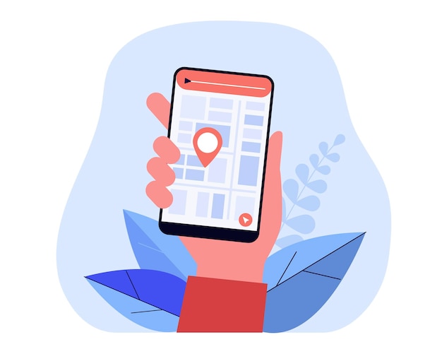 Hand holding phone with city map and location pin on screen. Destination marker on cellphone screen flat vector illustration. Navigation, transportation, technology concept for banner, website design