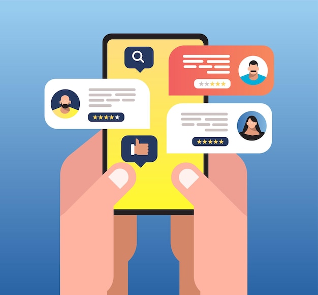 Hand holding smart phone feedback from customer review give a good rate