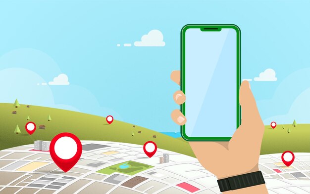 hand holding smartphone with gps navigation showing in the city and outlying districts
