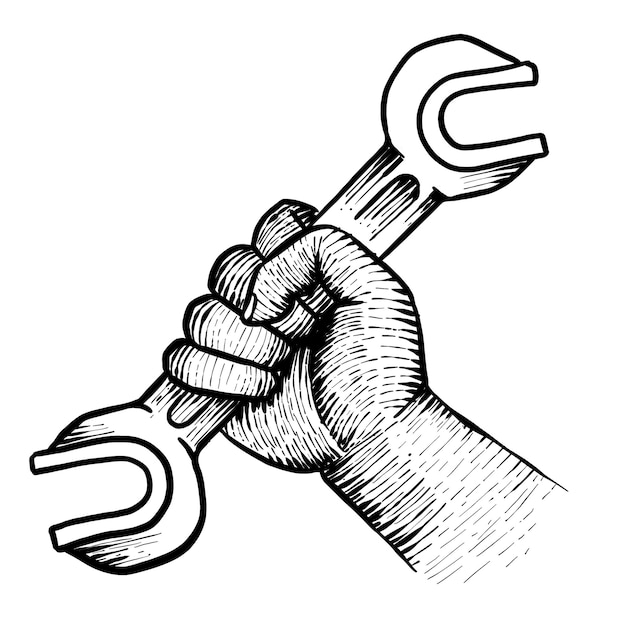 Hand holding spanner wrench hand drawn doodle illustration