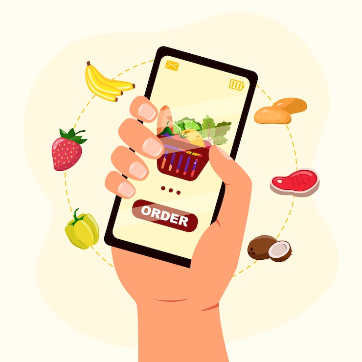 Vector hand is holding smartphone with online grocery store on screen and order food. order food online concept in flat style.