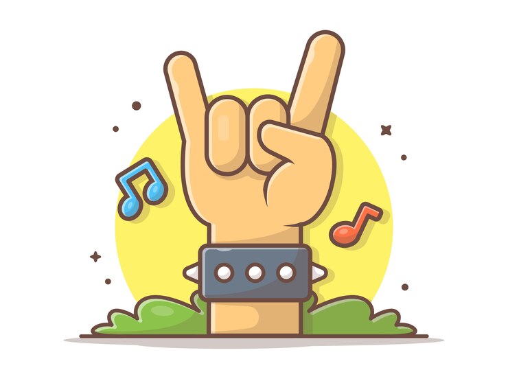 Vector hand metal rock with music notes and tune music  icon illustration. hardcore music. heavy metal white isolated