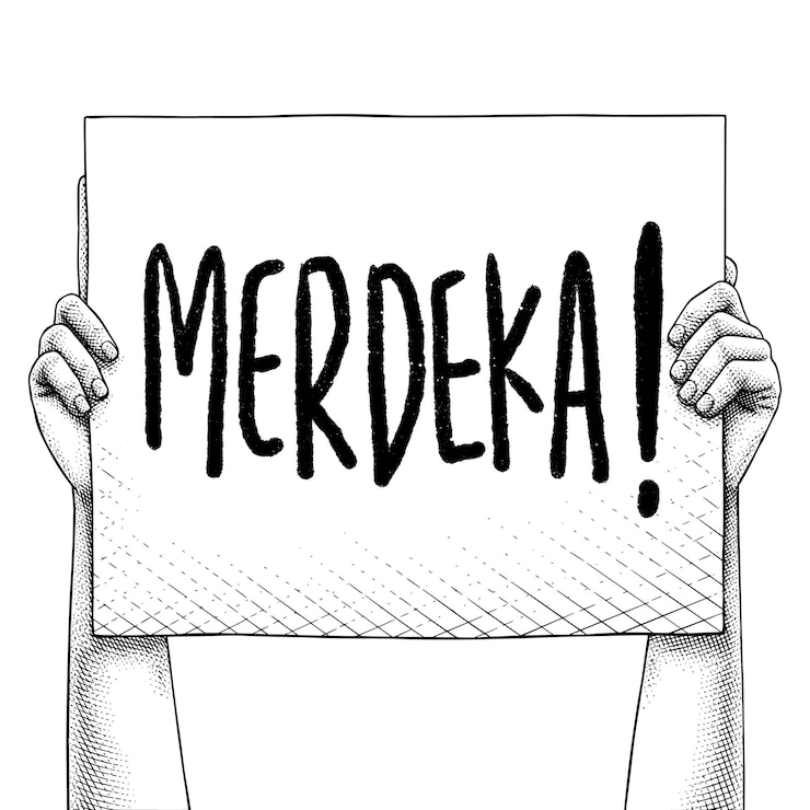 Vector hand raises a sign that says merdeka