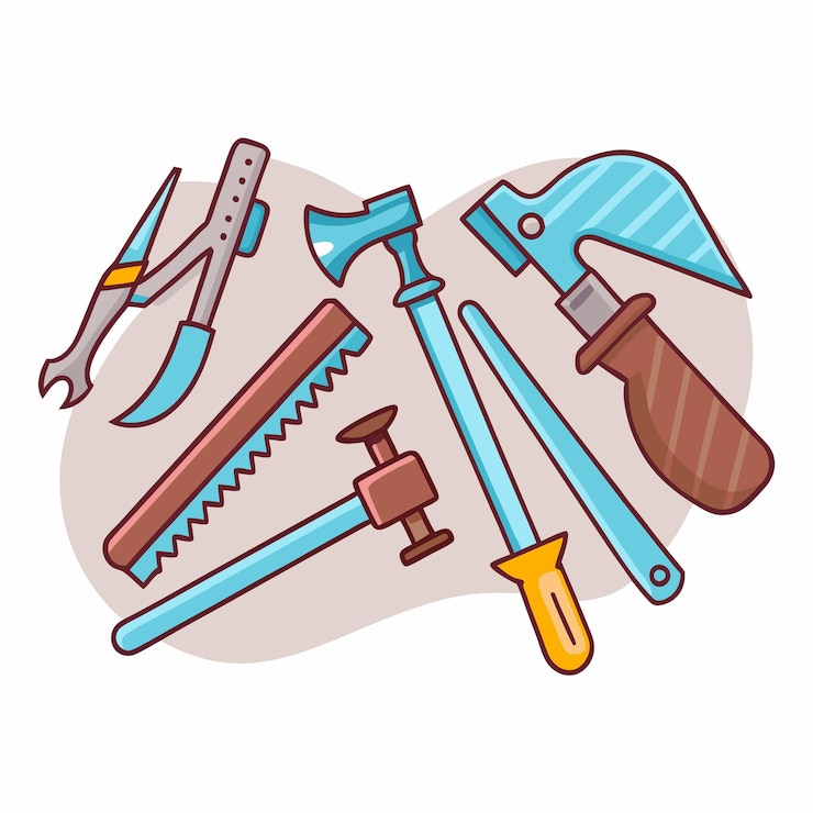 Vector hand tools cartoon icon set on a isolated white background 12