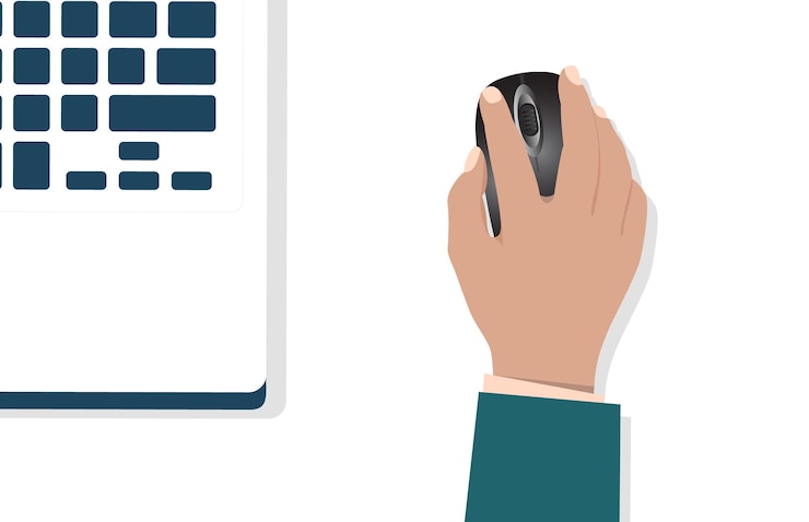 Vector hand touching mouse close to laptop