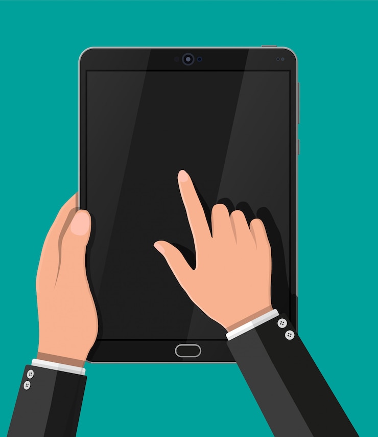 Vector hand touching screen of black tablet computer.
