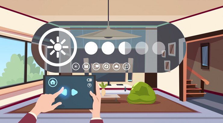 Vector hand use digital tablet with smart home app automation over living room interior modern technology of house monitoring concept