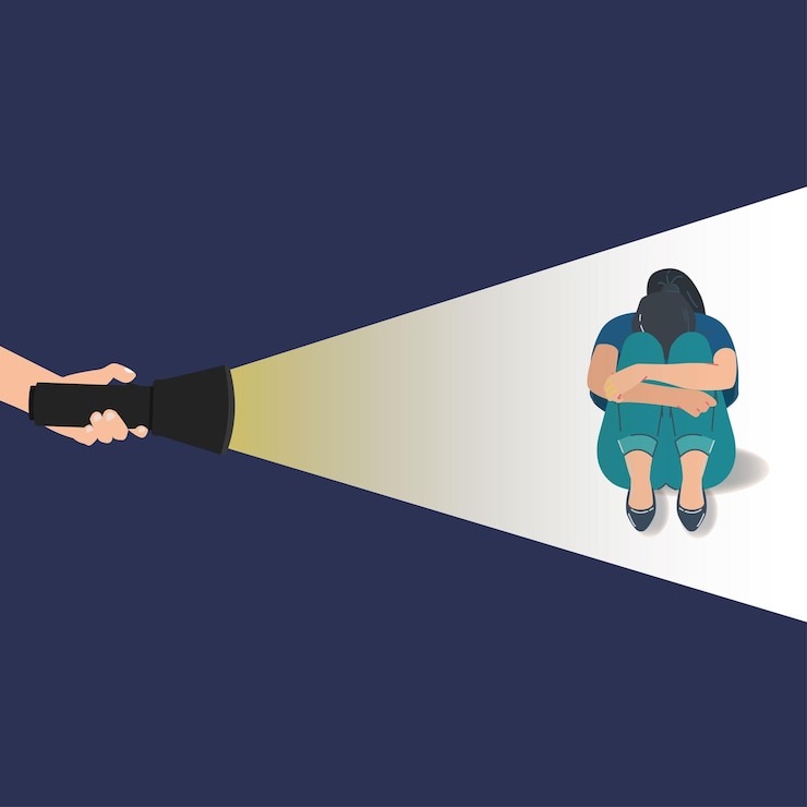 Vector hand with flashlight and sad girl sitting in the front depressed concept vector illustration