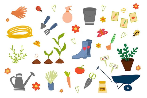 Handdrawn collection of garden tools and plants Concept of gardening or horticulture Design eleme