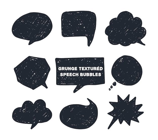Handdrawn set of speech bubbles grunge black rough textured 9 different drawing shape speech bubble