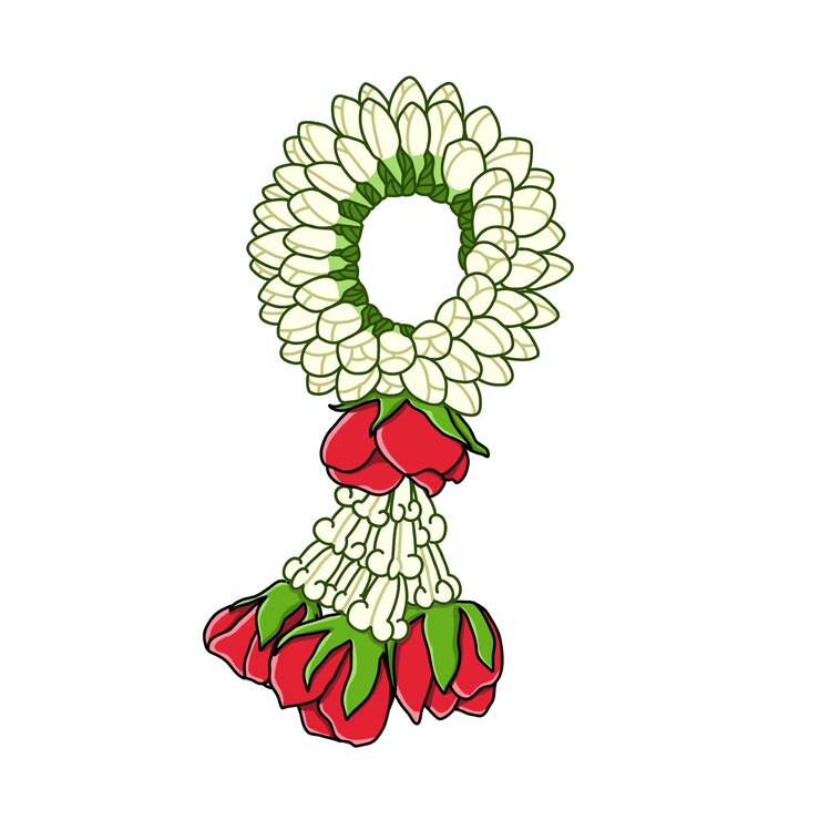 Vector handdrawn traditional thai jasmine garland with roses illustration wreath