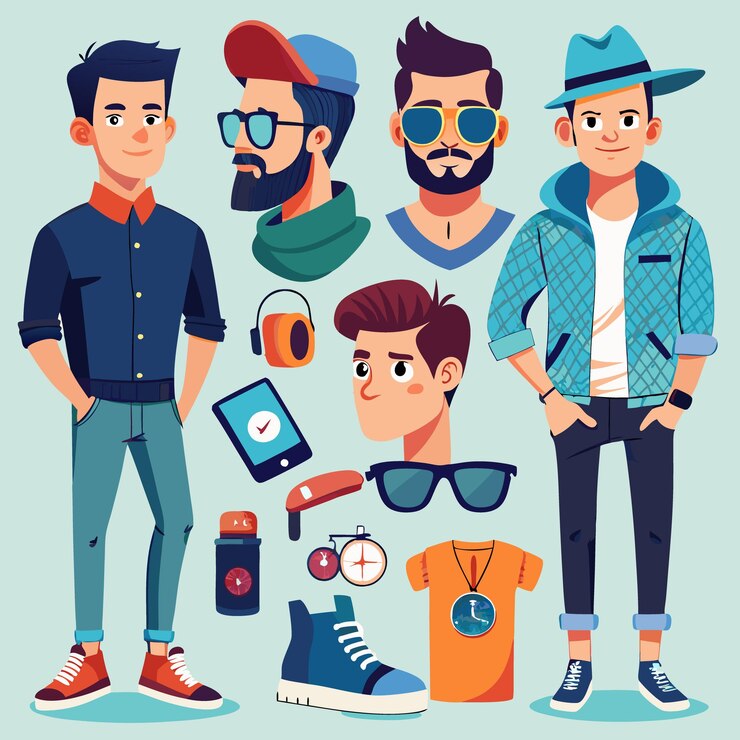 Vector handdrawn young and trendy men in casual fashion