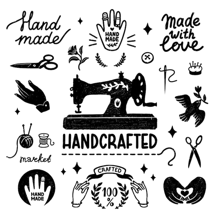 Vector handmade and handcrafted vintage elements in stamp style, sewing machine and hand made letterings
