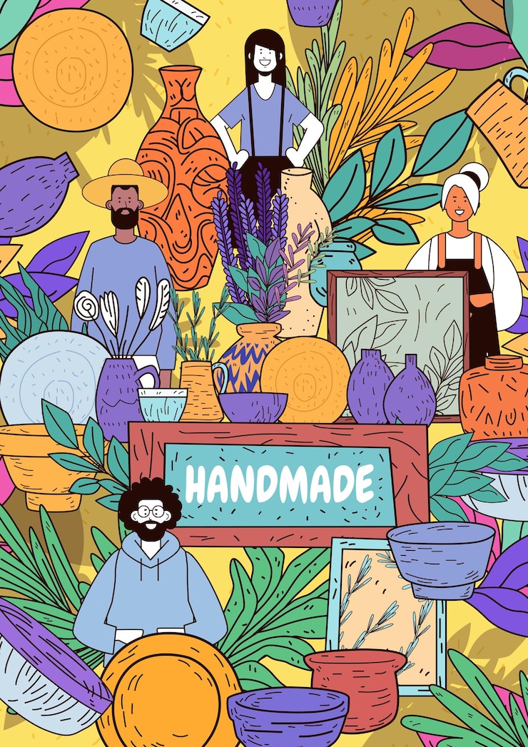 Vector handmade crafts market vibrant pottery plants people colorful decorative art poster background
