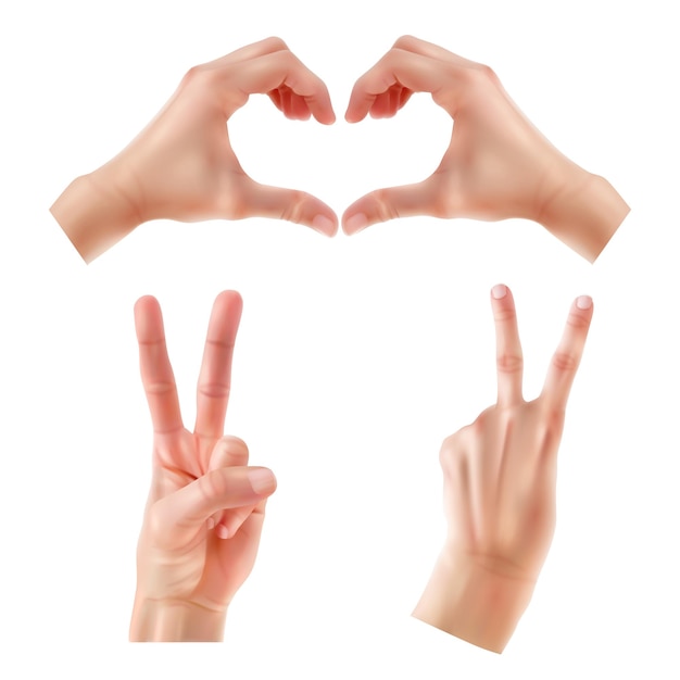 Hands are posing. Female hand gestures holding and pointing, crossed fingers, fist, peace and thumb