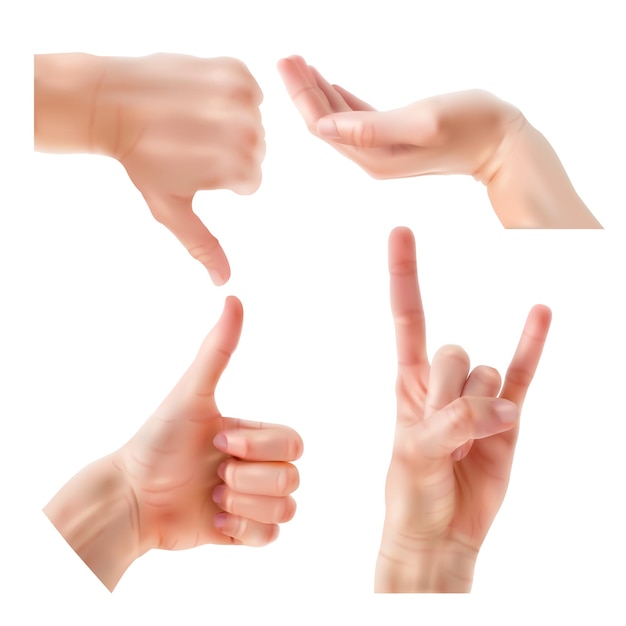 Hands are posing. Female hand gestures holding and pointing, crossed fingers, fist, peace and thumb