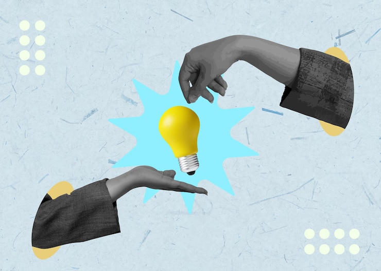 Vector hands exchanging a light bulb symbolizing innovative ideas in a creative collage vector illustration