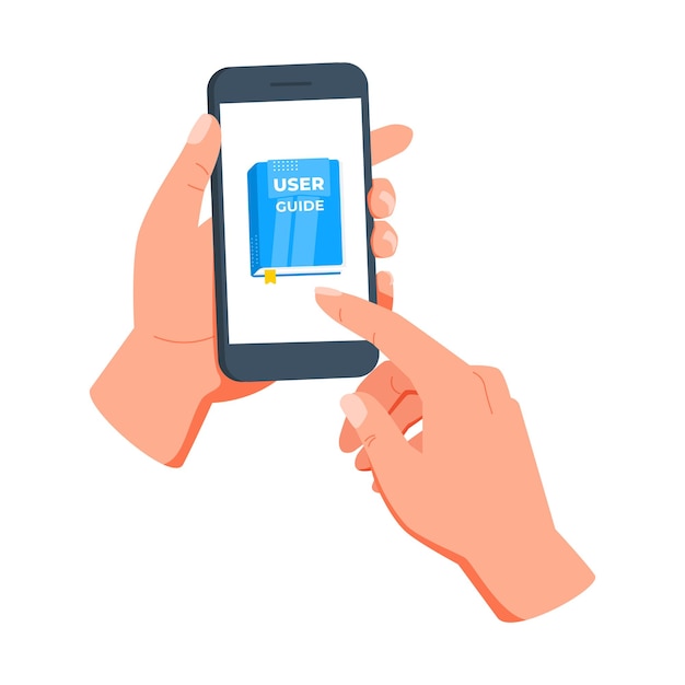 Hands holding a smartphone and reading a digital user guide accessing information and instructions on mobile device