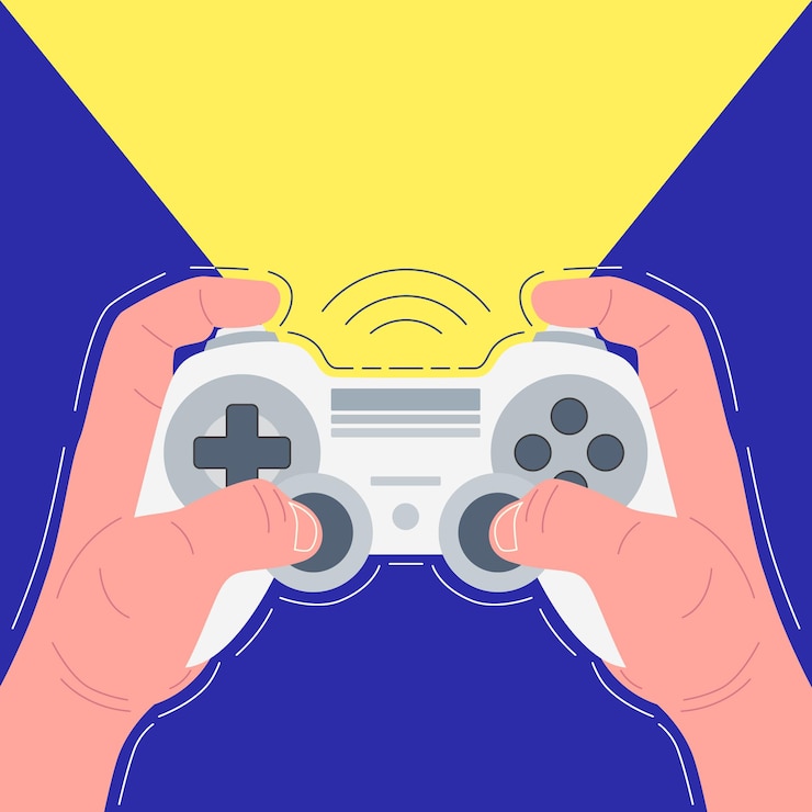 Vector hands holding white gamepad. gamer plays. vector illustration.