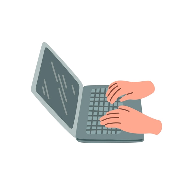 hands in work at laptop keyboard with blank monitor screen. work place at home. vector eps 10