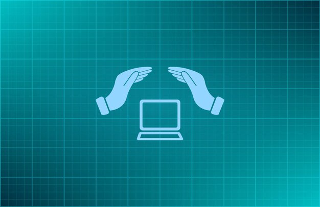 Hands over computer equipment gadget protection symbol Vector illustration on blue background Eps
