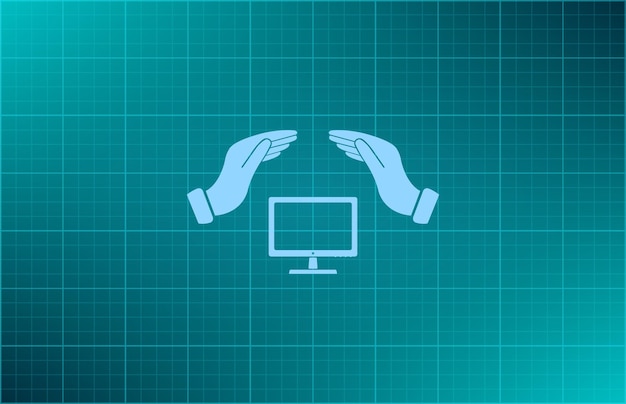Hands over computer equipment gadget protection symbol Vector illustration on blue background Eps