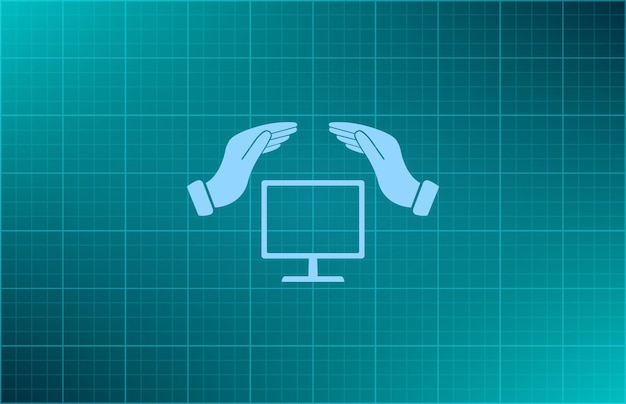 Hands over computer equipment gadget protection symbol Vector illustration on blue background Eps