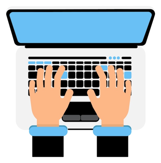 Hands typing on laptop keyboard Workplace top view