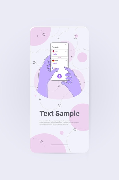 hands using mobile translation application multilingual greeting international communication online dictionary concept copy space vertical 
